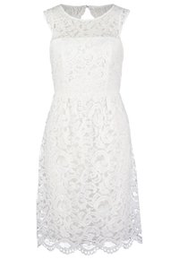 Robe en dentelle blanche avec un corps ajusté et sans manches. Présente des motifs floraux intriqués et un ourlet festonné. Détail en dos à trou de serrure.