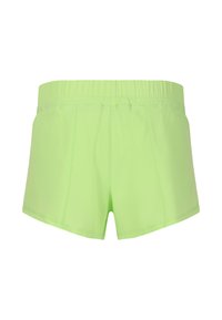 Neongröna badbyxor med elastisk midja, mjuk textur, två framseams och en klassisk kort design.