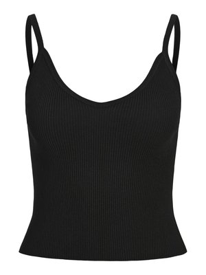 Black ribbed tank top with thin straps, v-neckline, fitted shape, and textured fabric. No additional patterns or accents visible.