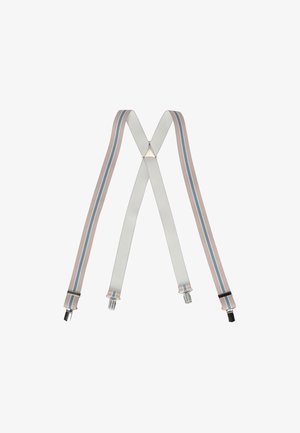 Adjustable suspenders in gray with pink and blue stripes. Features metal clips and a central connector. Smooth texture and flat design.