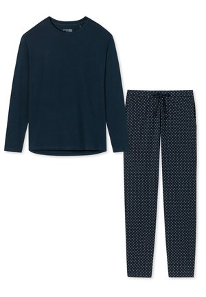 Haut à manches longues marine avec col rond et pantalon assorti orné d'un motif à pois blancs, fabriqué en tissu doux.