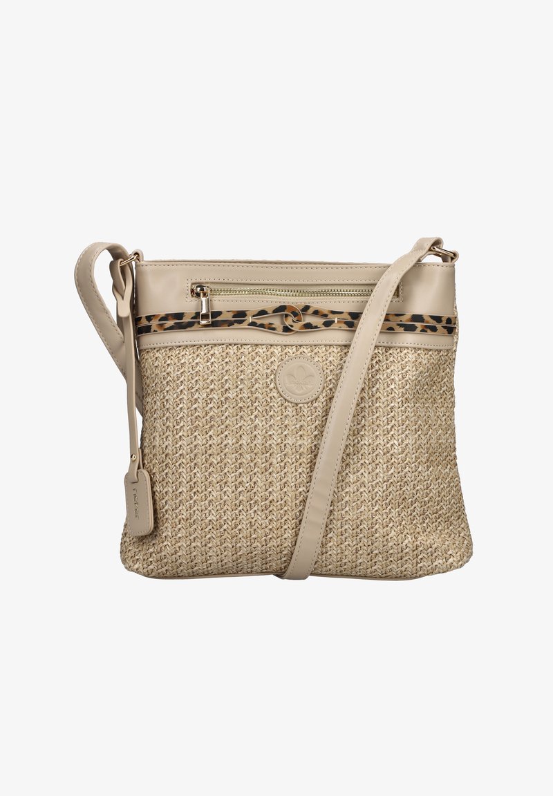 Beige woven crossbody bag with leopard print trim, front zipper pocket, and adjustable strap with branded tag.