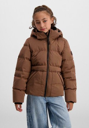 Brown puffer jacket with a hood, featuring a black zipper and ribbed cuffs. The design includes quilted sections and a cinched waist.