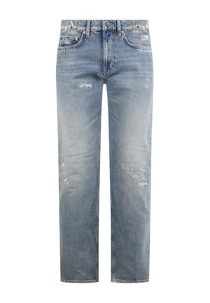 Jeans dritti azzurro chiaro con dettagli leggermente consumati e design classico a cinque tasche, mostrati distesi su sfondo bianco.