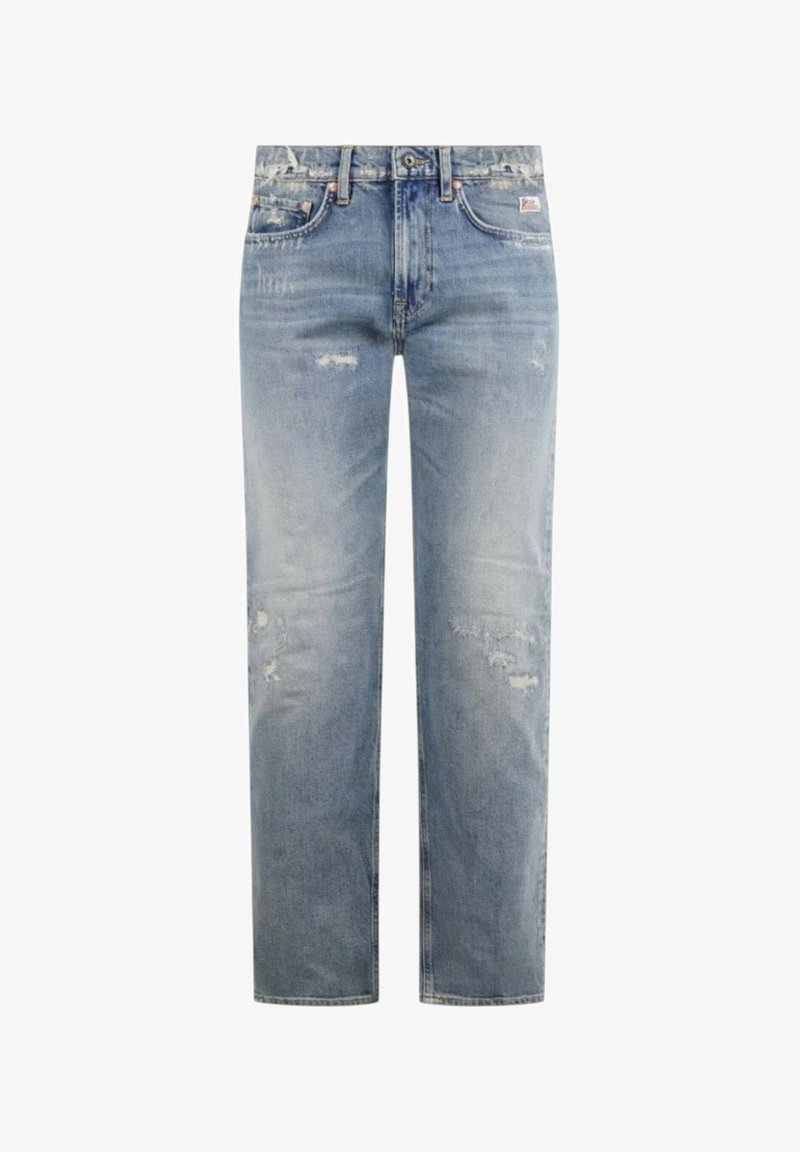 Jeans dritti azzurro chiaro con dettagli leggermente consumati e design classico a cinque tasche, mostrati distesi su sfondo bianco.