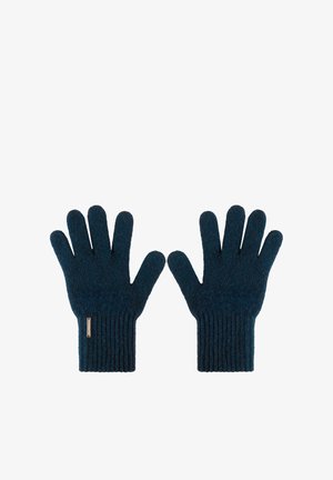 Mørkegrønne strikkede handsker med ribbede manchetter og fem-finger design, der har en lille stofmærkat ved håndleddet. Blød tekstur og varmt materiale.