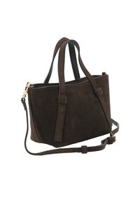 Sac en daim marron avec accents en cuir noir, double poignées courtes, bandoulière détachable et quincaillerie en ton or.