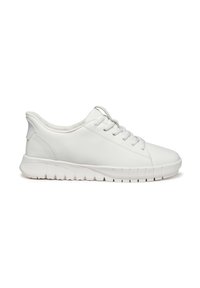 Scarpe sportive bianche con tomaia in pelle liscia, punta arrotondata, sei asole per i lacci e suola in gomma texturizzata con scanalature.