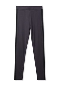 Czarne legginsy wykonane z elastycznego materiału, charakteryzujące się gładką teksturą, wysokim stanem i kontrastowymi czarnymi panelami bocznymi.