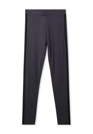 Leggings neri realizzati in tessuto elastico, con una texture liscia, un'alta vita e pannelli laterali neri a contrasto.