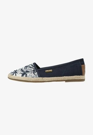 Chaussure à enfiler en toile avec un bout blanc orné d'un imprimé feuilles de palmier bleu marine, des panneaux latéraux en tissu bleu marine et une semelle intermédiaire en jute tressé. Accents brun minimalistes.