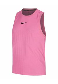 Rosa ärmelloses Performance-Trägershirt mit gerippter Textur. Mit einem schwarzen Nike-Logo in der Mitte und einer kontrastierenden Innenschicht.