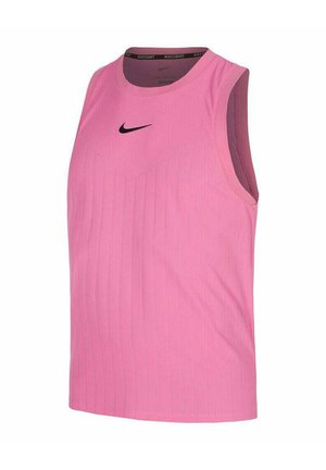 Rosa ärmelloses Performance-Trägershirt mit gerippter Textur. Mit einem schwarzen Nike-Logo in der Mitte und einer kontrastierenden Innenschicht.