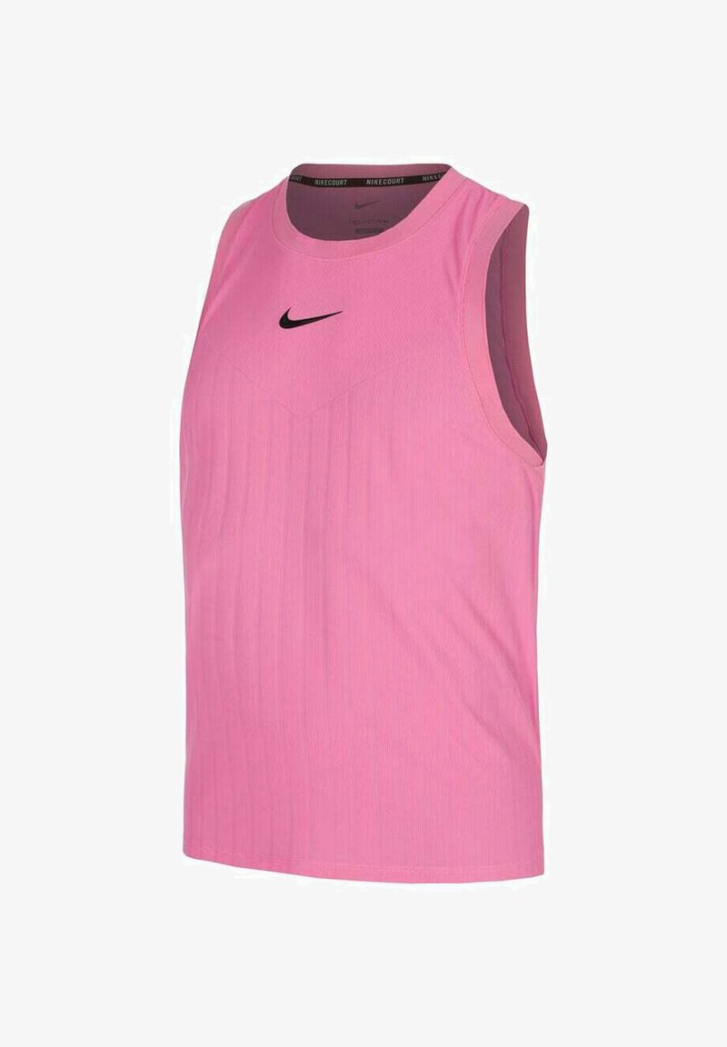 Top sin mangas de rendimiento en color rosa con textura acanalada. Cuenta con un logo negro de Nike en el centro y una capa interior de contraste.