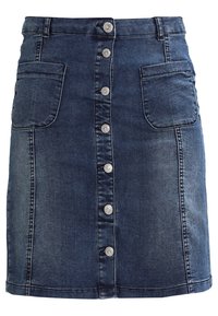 Tummansininen farkkuhame, jossa on muotoiltu malli, etupainike, kaksi etutaskua ja näkyvät ompeluyksityiskohdat.