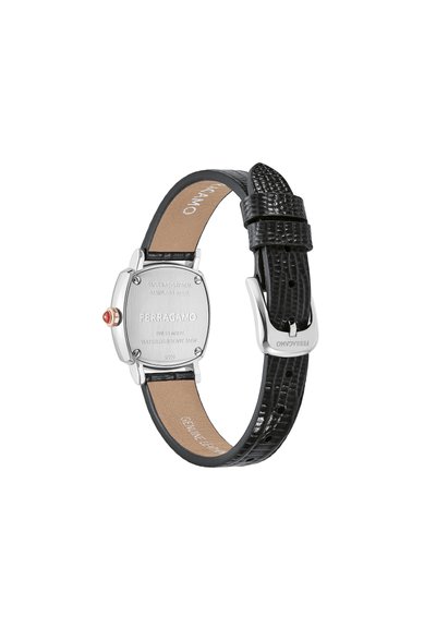 Black leather watch with a textured strap, silver stainless steel case, and a red accent on the crown. Features a sapphire crystal.