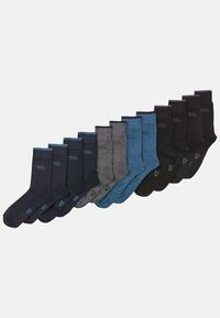 Twelve pairs of crew socks in varying shades of black, navy, gray, and blue. Cotton blend with elastic cuffs, smooth texture, and logo accents.