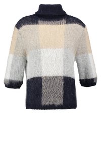 Halsdukströja med korta ärmar i en fluffig, stickad textur som har färgblock i marinblått, grått, beige och vitt.