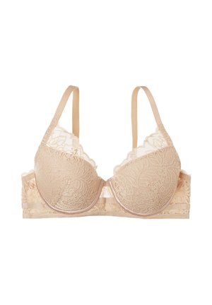 Beige BH mit Spitze, gepolsterten Cups, verstellbaren Trägern und einem glatten Band mit floralen Mustern. Weicher Stoff und detaillierte Stickerei.