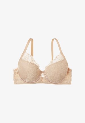 Beige BH mit Spitze, gepolsterten Cups, verstellbaren Trägern und einem glatten Band mit floralen Mustern. Weicher Stoff und detaillierte Stickerei.