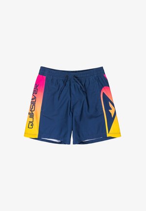 Pantaloncini da nuoto blu navy con coulisse regolabile, tasche laterali e pannelli a gradiente dal rosa al giallo con logo e marchio Quiksilver.