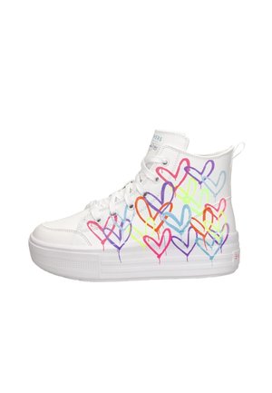 White high-top sneakers with heart patterns in multiple colors, featuring a textured sole and lace-up design. Reinforced heel and logo detail.