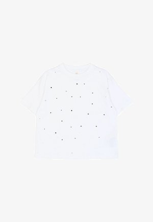 Hvid kortærmet t-shirt med spredte metalliske prikker. Fremstillet af blød bomuld med klassisk rund halsudskæring og afslappet pasform.