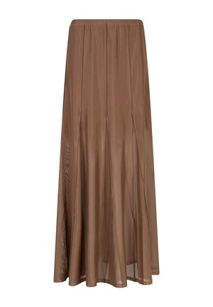 Long brown semi-sheer skirt with vertical seams and a wide elastic waistband, flowing fabric creating subtle pleats.