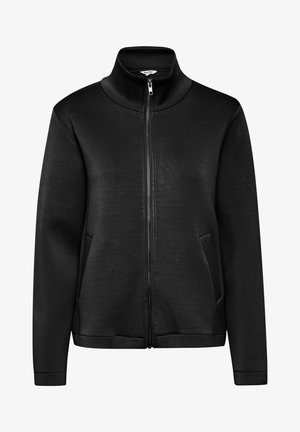 Sort lynlåsjakke med høj krave, glat tekstur, sidelommer og lige snit. Har en metallynlås og ribstrikkede manchetter.