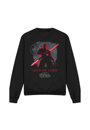 Schwarzer Pullover mit einer roten und grauen Grafik von Darth Maul, der ein doppelklingiges Lichtschwert hält, mit dem Text „Shadow Lord“ darunter.