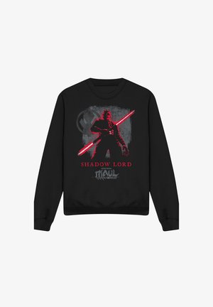 Black sweatshirt featuring a red and gray graphic of Darth Maul holding a double-bladed lightsaber with "Shadow Lord" text below.