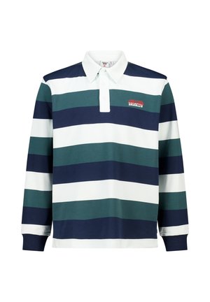 Long-sleeve polo shirt with navy, green, and white horizontal stripes. Features a classic collar and a small red logo on the chest.