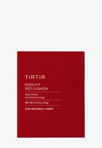 TIRTIR Mask Fit Red Cushion -pakkaus, syvänpunainen väri, valkoisella tekstillä. Sisältää 4,5 g tuotetta, merkitty "21W Natural Ivory".