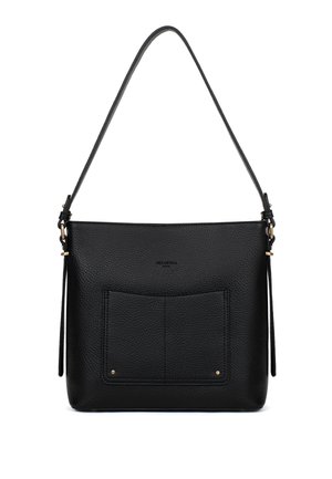 Sac à bandoulière en cuir noir texturé avec poche devant, fine sangle réglable et accents discrets en métal doré.