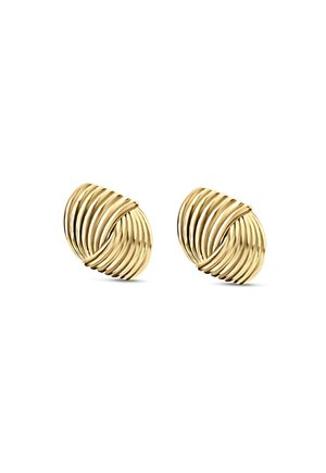 Gold-tone earrings featuring a spiral design with layered curves, showcasing a metallic finish and smooth texture for visual depth.