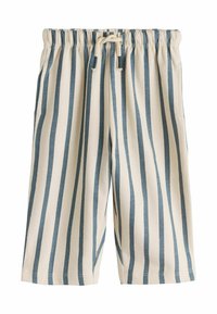 Leichte Baumwollshorts mit einem elastischen Bund, versehen mit vertikalen blau-weißen Streifen und Seitentaschen.