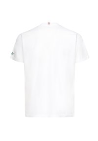 Camiseta de algodón blanca con mangas cortas, un escote redondo y un pequeño logo verde en la manga izquierda. Acento en cuadros rojos y blancos en el cuello.