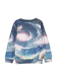 Sweater met een galaxiedruk, ronde hals, lange mouwen en elastische manchetten, in tinten van blauw, paars en roze met een gladde textuur.
