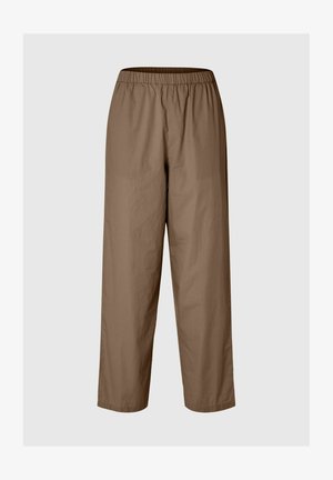 Brown, elastic waistband pants with a loose, straight-leg design. Made of lightweight material, featuring smooth texture and no visible patterns.