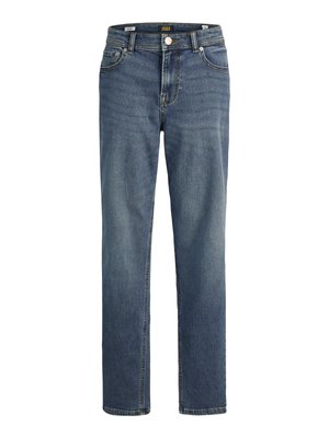 Jean en denim bleu pour hommes, coupe droite, avec design classique à cinq poches et fermeture par bouton à la taille.