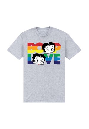 Camiseta de algodón gris con personajes de dibujos animados en blanco y negro sobre el texto "BOOP LOVE" en colores del arcoíris. Diseño de manga corta y cuello redondo.