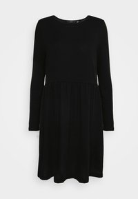 Schwarzes Langarmkleid mit rundem Ausschnitt, ausgestattet mit einem figurbetonten Oberteil und einem ausgestellten, gerafften Rock. Glatte Textur, keine Muster oder Akzente.