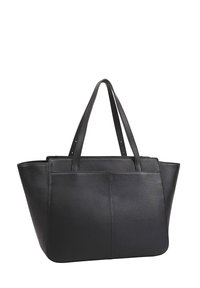 Sac fourre-tout en cuir noir avec deux longues poignées, forme rectangulaire, texture lisse et deux coutures sur les panneaux avant pour un détail visuel.