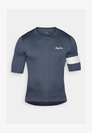 Kortärmad cykeltröja i marinblått, tillverkad av elastiskt tyg. Har en framtida dragkedja och vit accent på vänster ärm.
