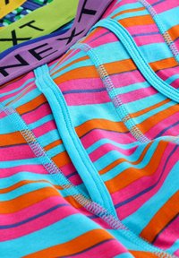 Culotte rayée colorée avec des bandes bleues, roses, oranges et violettes, dotée d'une ceinture contrastante. Fabriquée en tissu doux avec des coutures surpiquées.