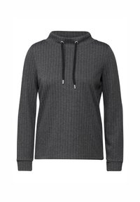 Pull noir gris avec un col haut, doté de rayures verticales et d'une fermeture à cordon. Manches longues avec des poignets et un ourlet à côtes.