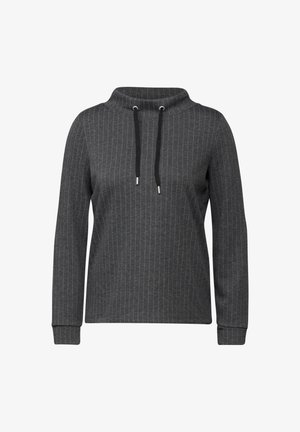 Mørkegrå pullover med høj krave, udstyret med lodrette striber og snørelukning. Lange ærmer med ribstrik ved håndled og kant.