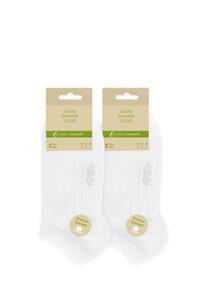 White cotton ladies' sneaker socks in transparent packaging, featuring five pairs, with a label displaying sizing and product details.