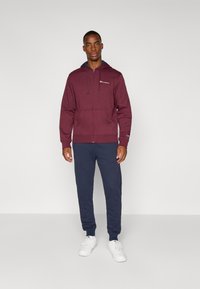 Bordeaux zip-up hoodie met een blauwe binnenkant, voorzien van een logo aan de voorkant, gecombineerd met marineblauwe trainingsbroek en witte sneakers. Soepele textuur.