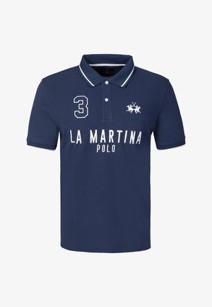 Námořnicky modré polotričko s bílým lemováním límce, číslem 3, hráči póla a textem "LA MARTINA POLO" na hrudi.